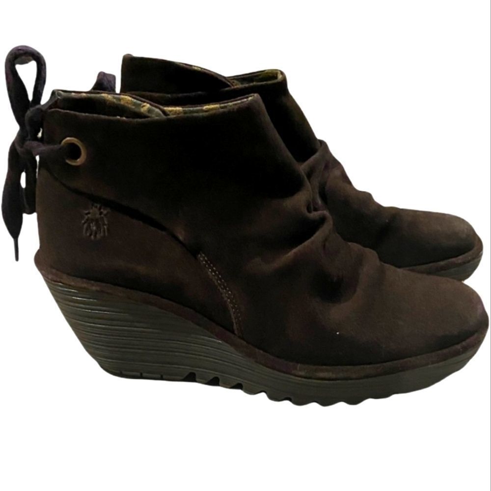 Fly London Suede Yama Wedge Bootie Sludge Brown Lace Up 10
